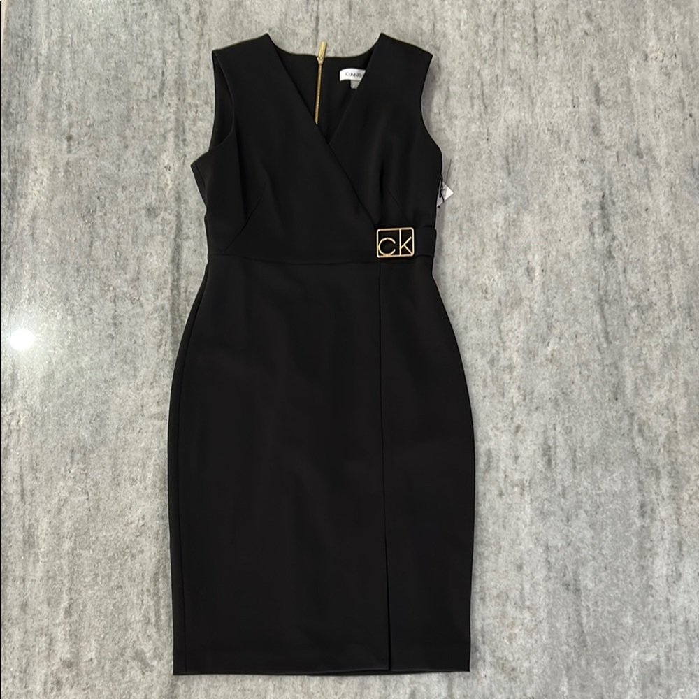 Calvin Klein Black Sheath Midi Dress with V-Neck and Slit Size 2P